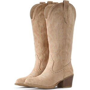Women Apricot Chunky Heel Pointed Toe Cowgirl Mid Calf Embroidery Western Boots